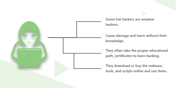 Green hat hackers are amateur hackers or often termed as "noob" in the field of hacking. They are referred to as “Baby hackers” taking their first steps in the world of hacking.
